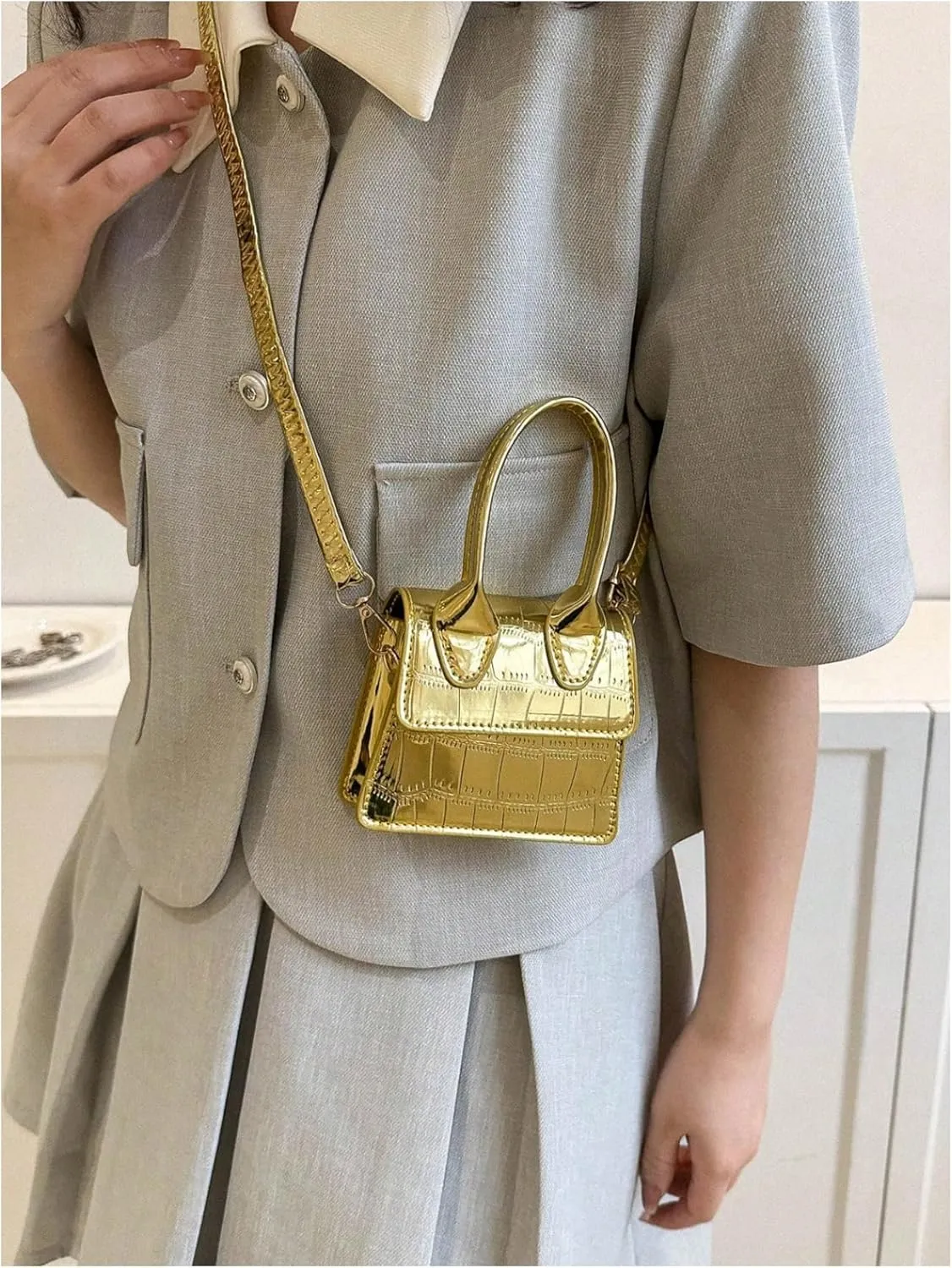 GORGLITTER Women's Crocodile Embossed Mini Square Bag Metallic Top Handle Crossbody Handbag Flap Clutch Bags