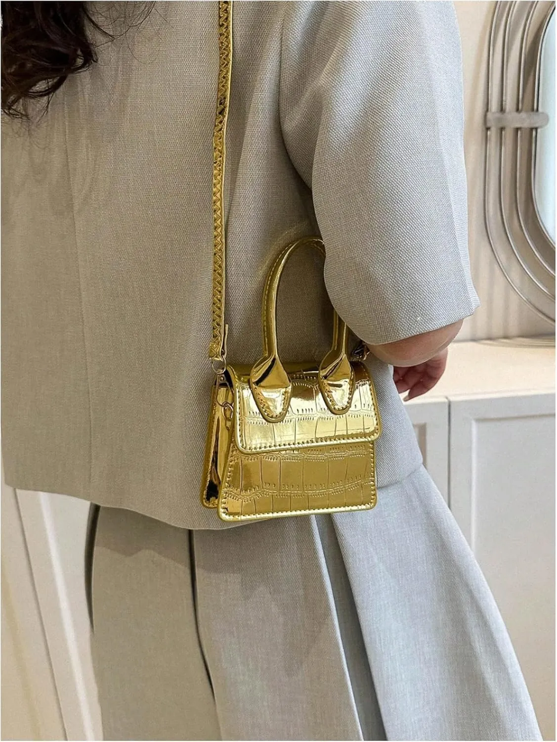 GORGLITTER Women's Crocodile Embossed Mini Square Bag Metallic Top Handle Crossbody Handbag Flap Clutch Bags