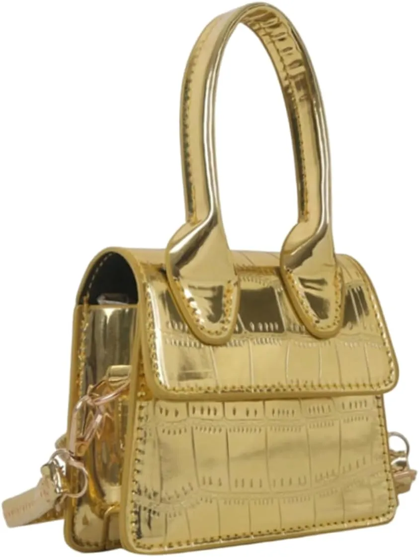 GORGLITTER Women's Crocodile Embossed Mini Square Bag Metallic Top Handle Crossbody Handbag Flap Clutch Bags