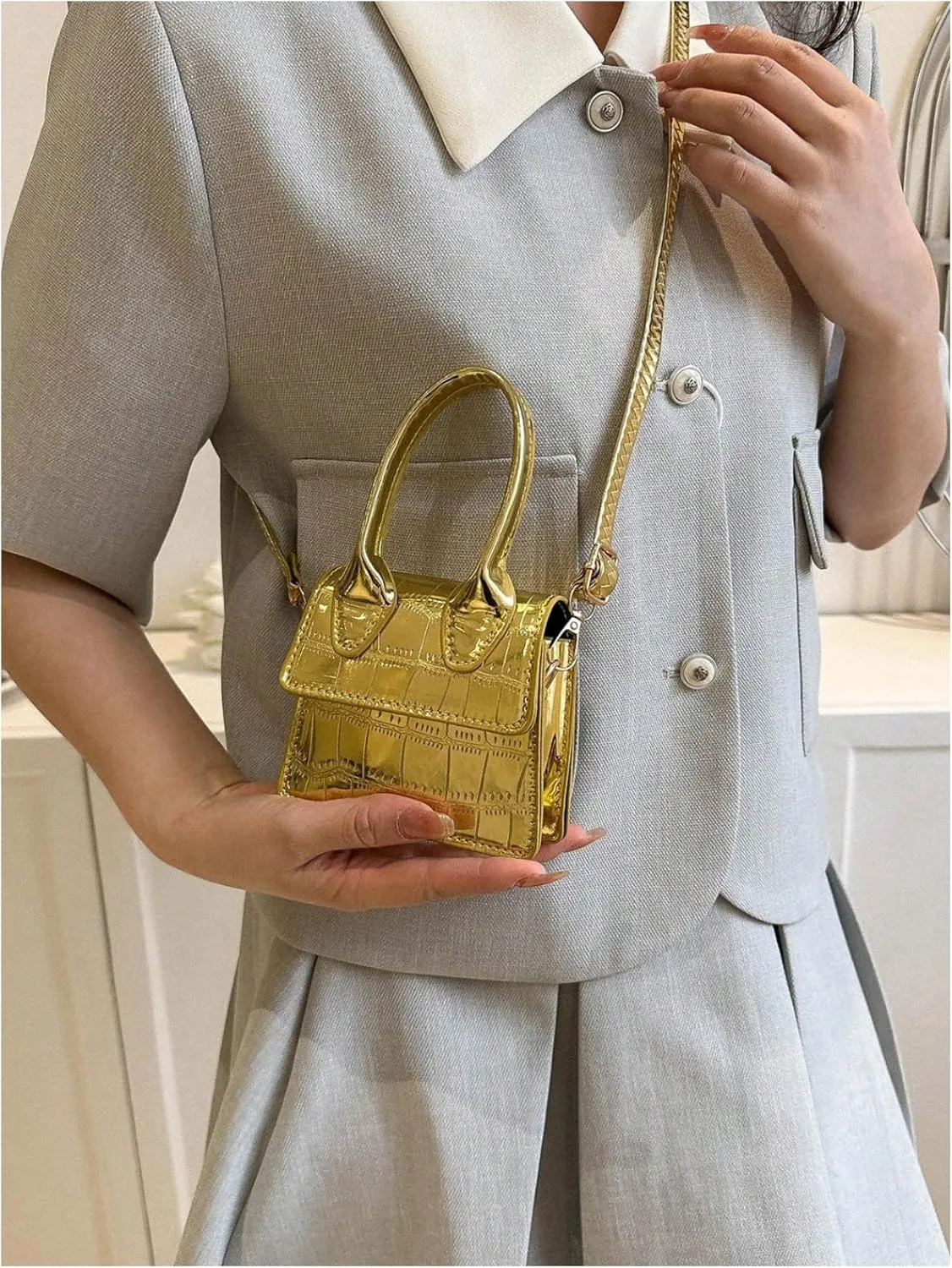 GORGLITTER Women's Crocodile Embossed Mini Square Bag Metallic Top Handle Crossbody Handbag Flap Clutch Bags