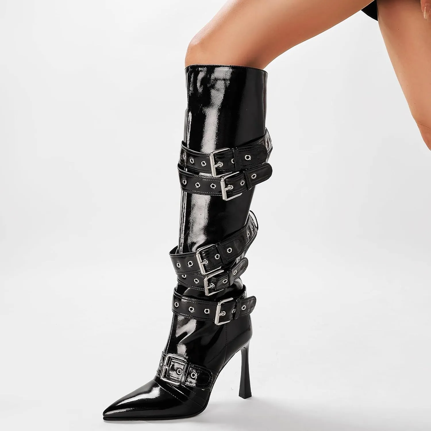 GOSERCE Black White Knee High Boots for Women Sexy Pointed Toe Buckle Rivets Tall Stiletto Boot Fashion Trendy High Heel Long Boots Zipper Ladies Patent Leather Black White Shoes Fall Winter