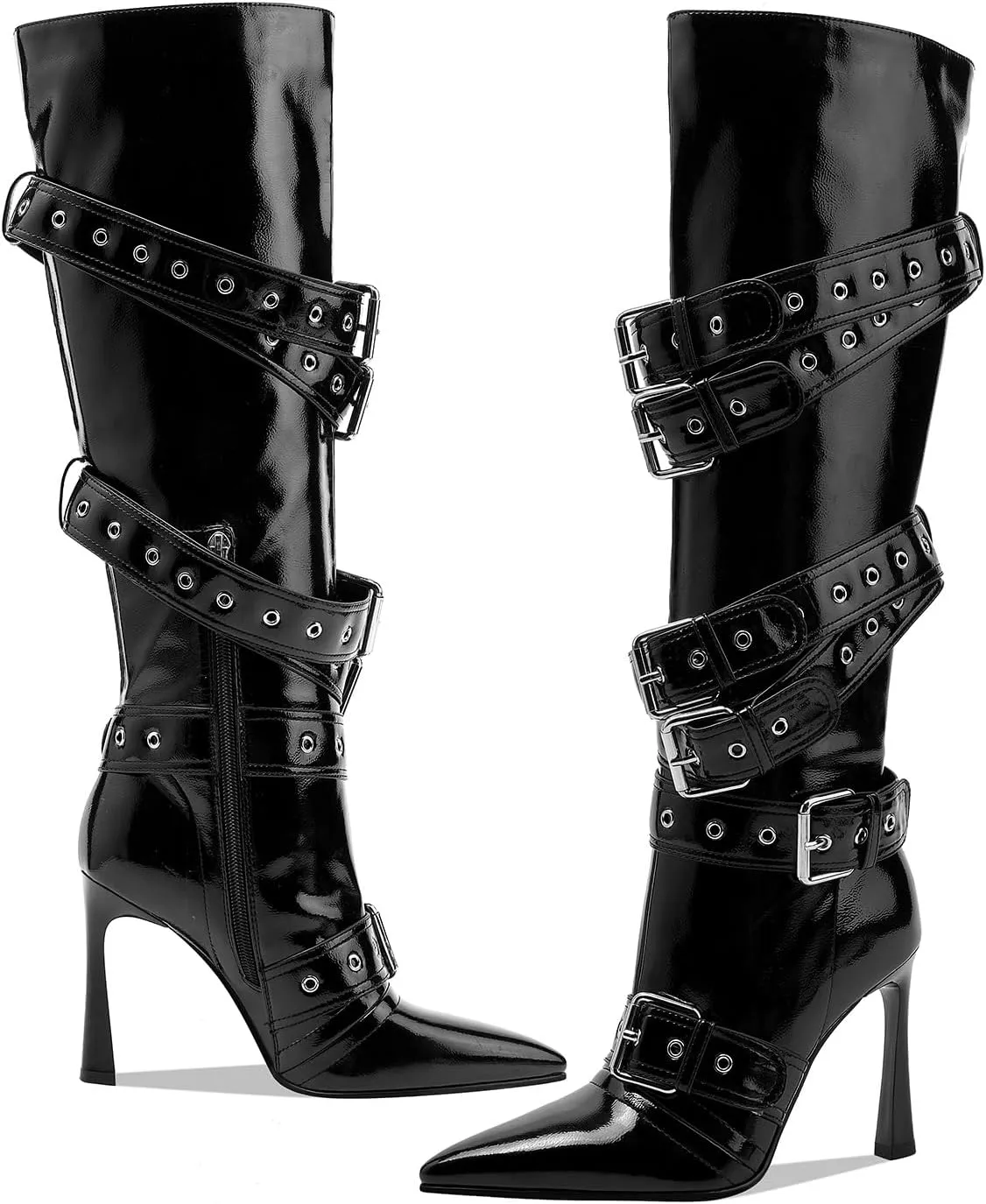 GOSERCE Black White Knee High Boots for Women Sexy Pointed Toe Buckle Rivets Tall Stiletto Boot Fashion Trendy High Heel Long Boots Zipper Ladies Patent Leather Black White Shoes Fall Winter