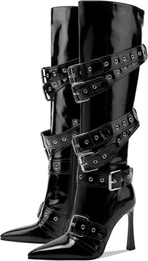 GOSERCE Black White Knee High Boots for Women Sexy Pointed Toe Buckle Rivets Tall Stiletto Boot Fashion Trendy High Heel Long Boots Zipper Ladies Patent Leather Black White Shoes Fall Winter