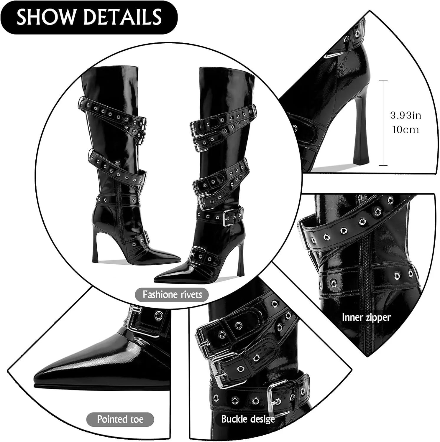 GOSERCE Black White Knee High Boots for Women Sexy Pointed Toe Buckle Rivets Tall Stiletto Boot Fashion Trendy High Heel Long Boots Zipper Ladies Patent Leather Black White Shoes Fall Winter