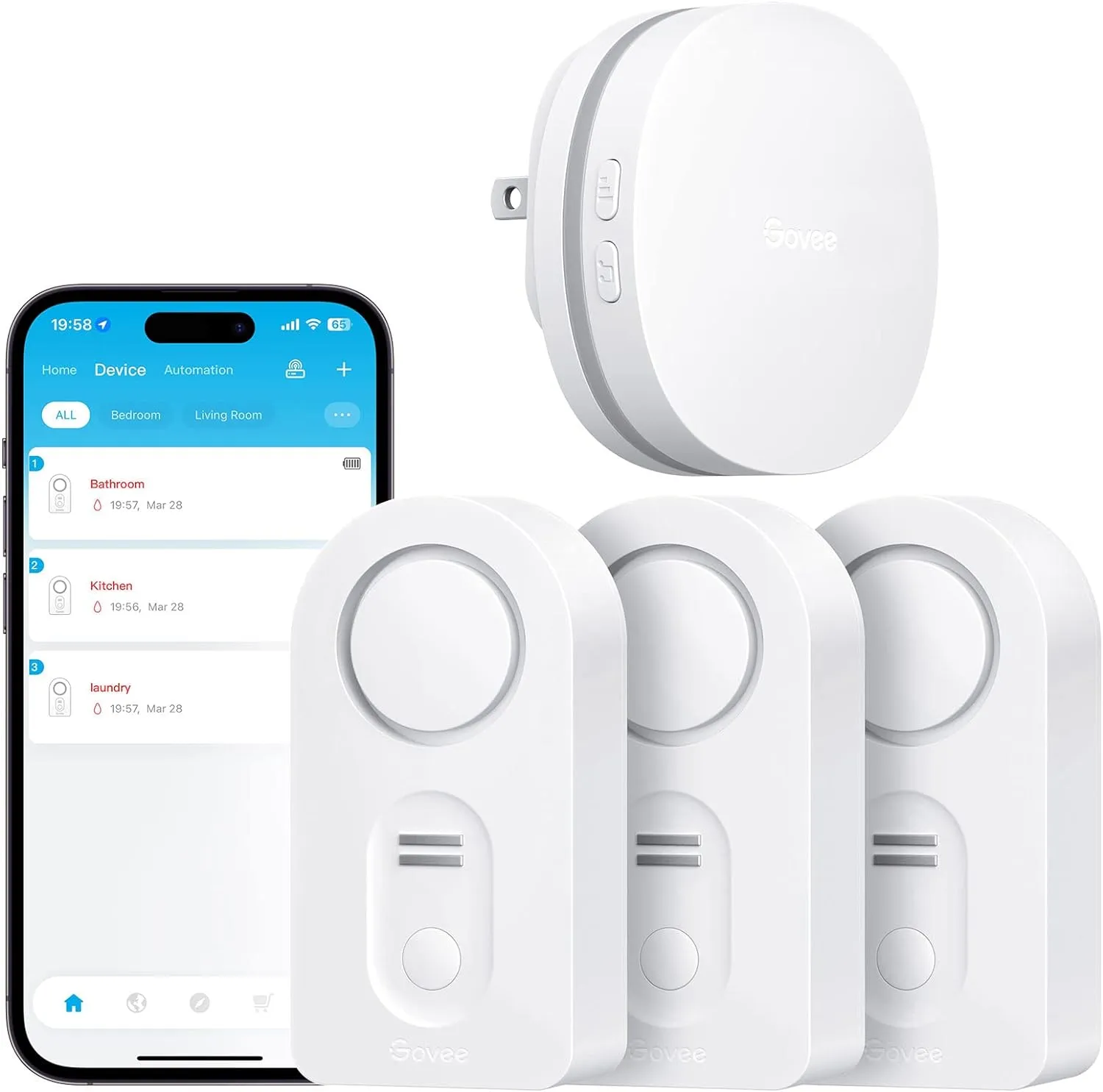 Govee WiFi Water Sensor 3 Packs, Smart Water Leak Detector, 100dB Adjustable Alarm Suit for Home and Basement, Leak Alert with Email & APP Push (Only Support 2.4G Wi-Fi)