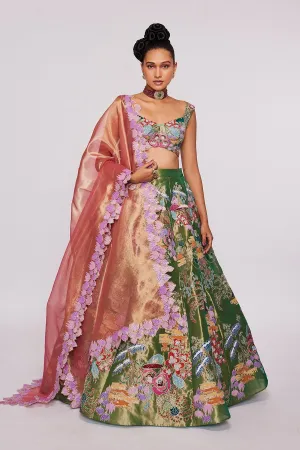 Green Divergence Tissue Appliquéd And Embellished Lehenga With Blouse And Tissue Dupatta