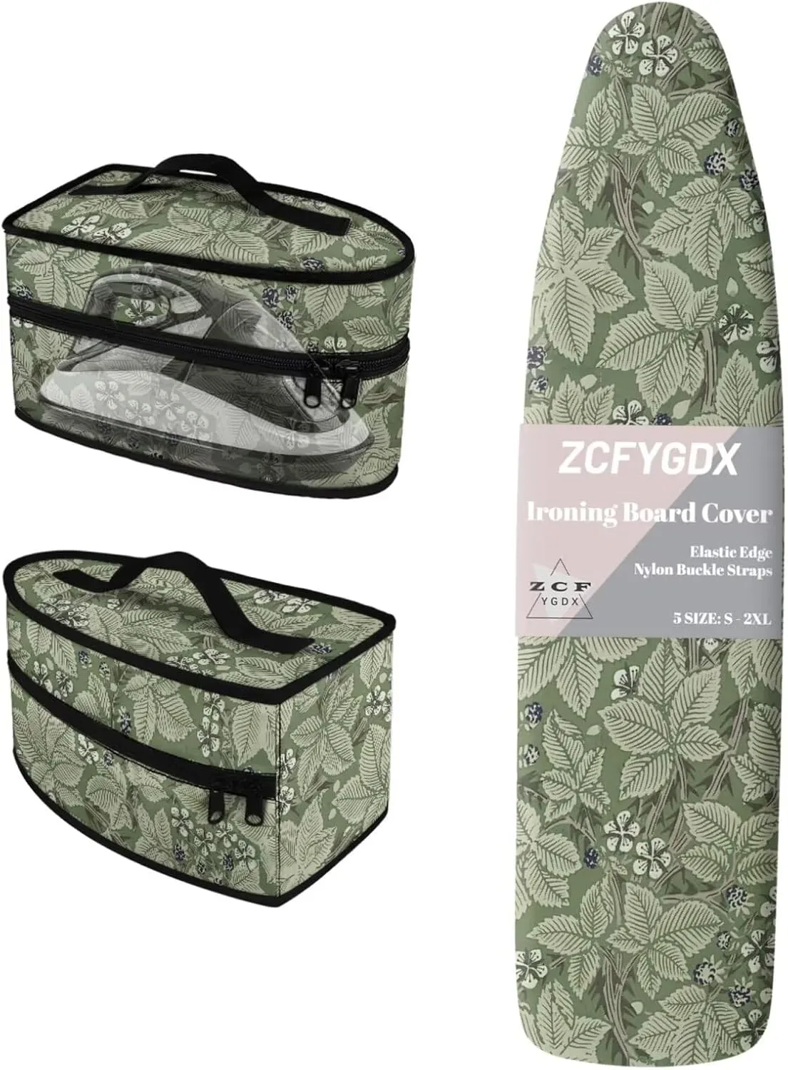Green Leaf Flower Art Print 3-Strap Ironing Board Cover & Iron Carry Bag Set - Scorch Resistant Protective Cover   Durable Zippered Storage Case with Handle for Full-Size Irons 15x54