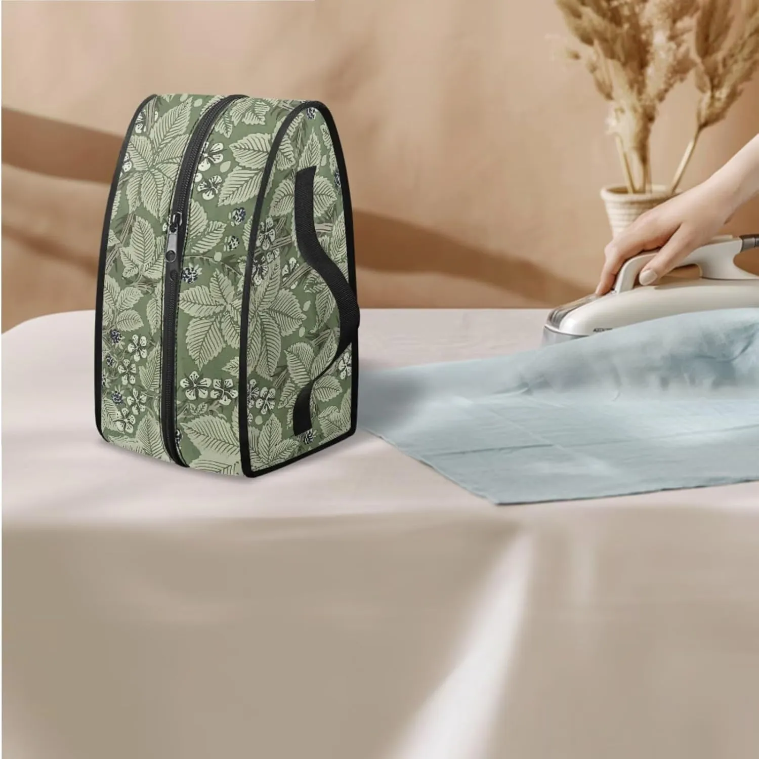 Green Leaf Flower Art Print 3-Strap Ironing Board Cover & Iron Carry Bag Set - Scorch Resistant Protective Cover   Durable Zippered Storage Case with Handle for Full-Size Irons 15x54