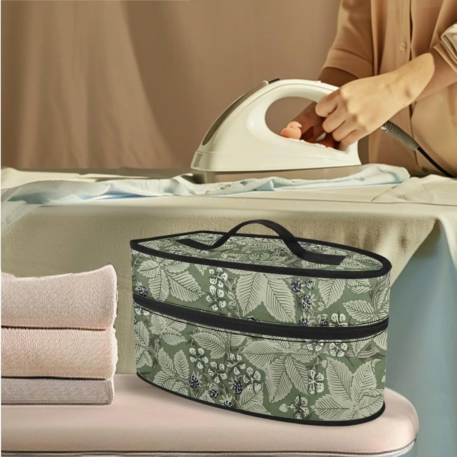 Green Leaf Flower Art Print 3-Strap Ironing Board Cover & Iron Carry Bag Set - Scorch Resistant Protective Cover   Durable Zippered Storage Case with Handle for Full-Size Irons 15x54