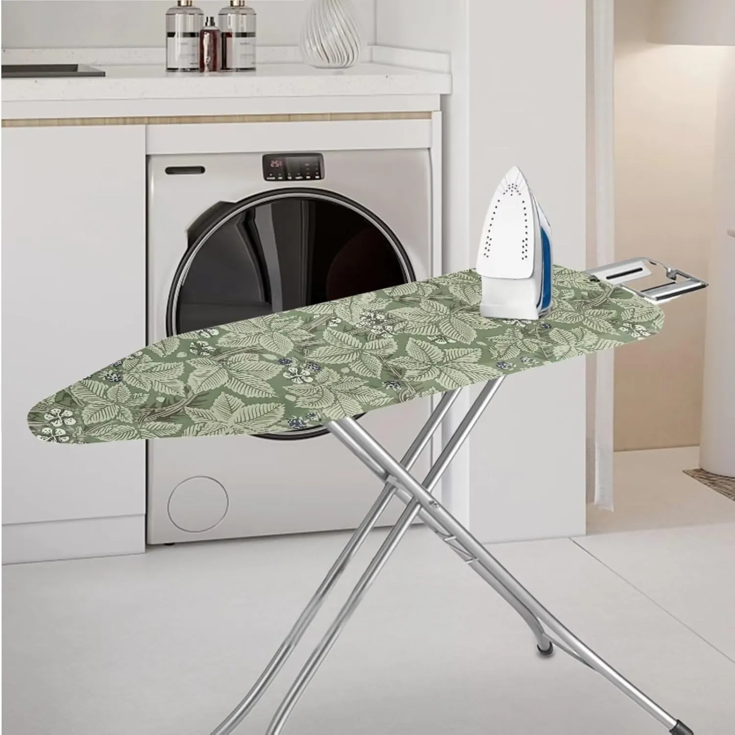 Green Leaf Flower Art Print 3-Strap Ironing Board Cover & Iron Carry Bag Set - Scorch Resistant Protective Cover   Durable Zippered Storage Case with Handle for Full-Size Irons 15x54