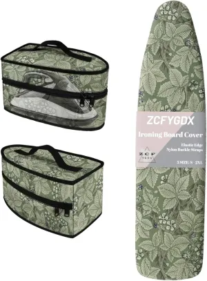 Green Leaf Flower Art Print 3-Strap Ironing Board Cover & Iron Carry Bag Set - Scorch Resistant Protective Cover   Durable Zippered Storage Case with Handle for Full-Size Irons 15x54