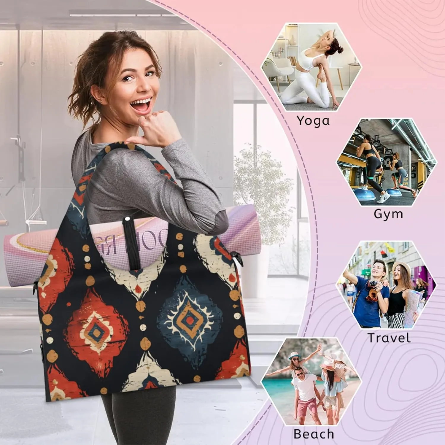 Gym Bag for Women Boho Pattern Duffel Bag with Shoe Compartment and Yoga Mat Holder Portable Weekender Bags Travel Tote Bags