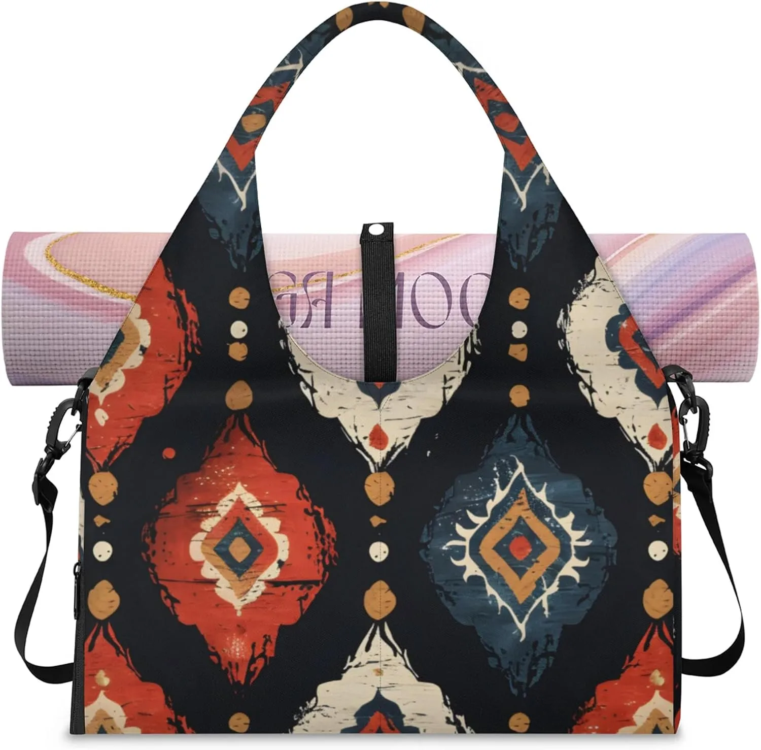 Gym Bag for Women Boho Pattern Duffel Bag with Shoe Compartment and Yoga Mat Holder Portable Weekender Bags Travel Tote Bags