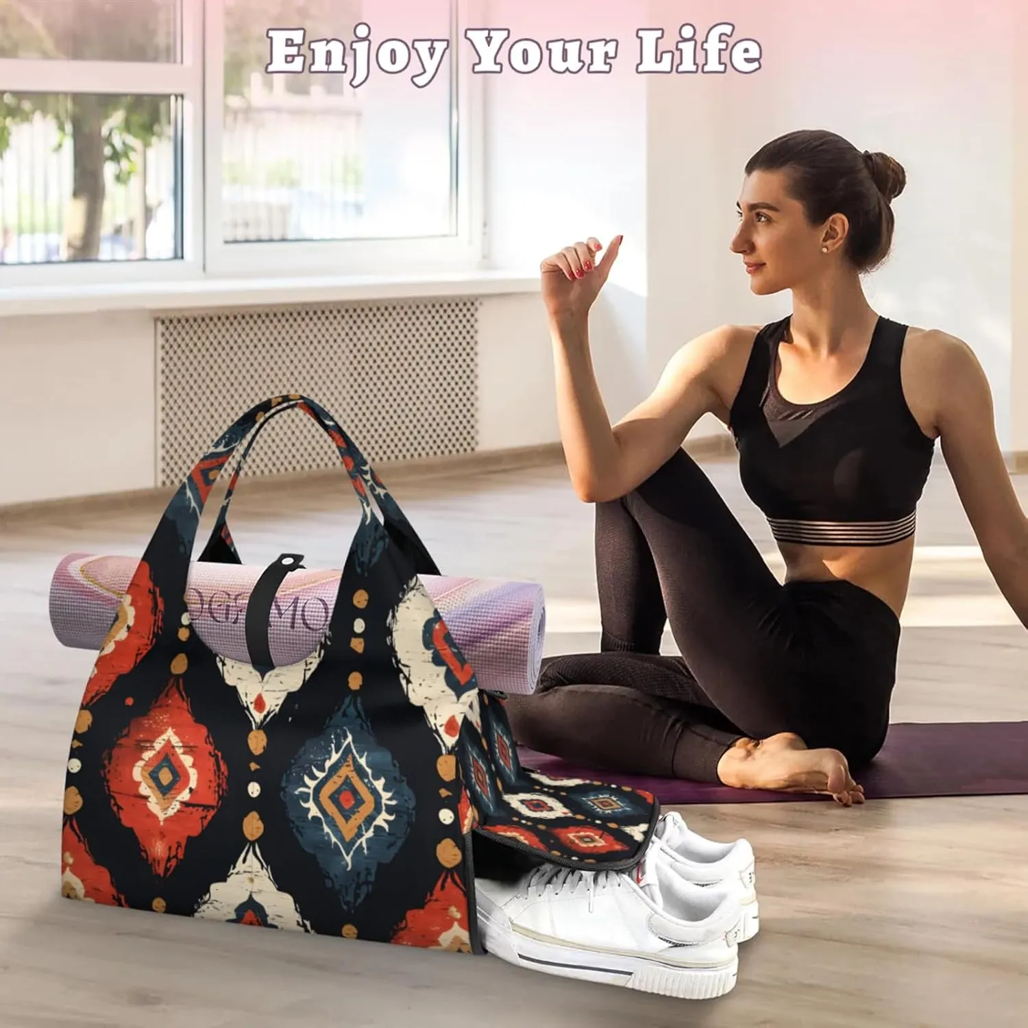 Gym Bag for Women Boho Pattern Duffel Bag with Shoe Compartment and Yoga Mat Holder Portable Weekender Bags Travel Tote Bags
