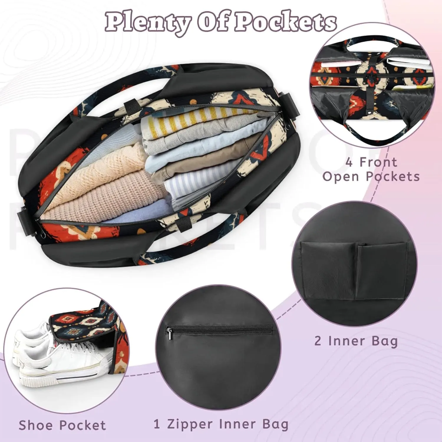 Gym Bag for Women Boho Pattern Duffel Bag with Shoe Compartment and Yoga Mat Holder Portable Weekender Bags Travel Tote Bags
