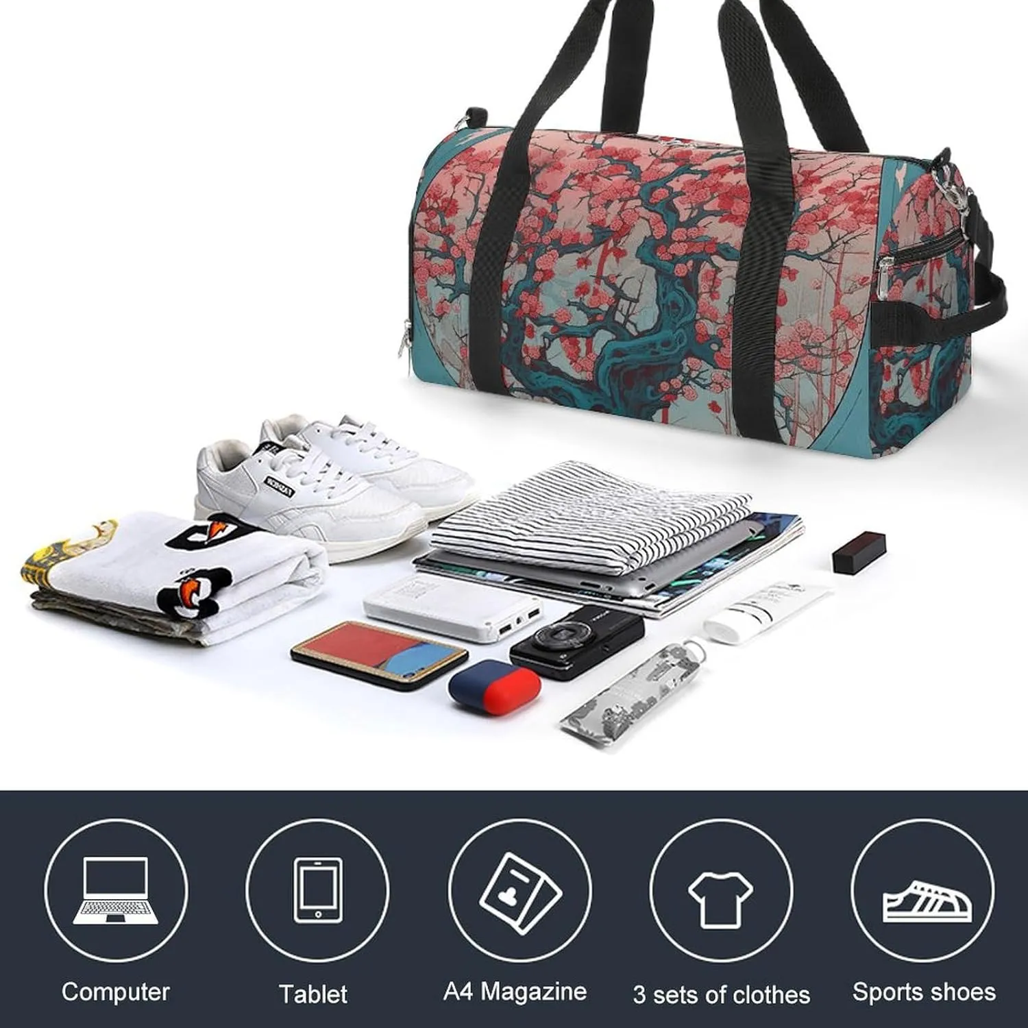 Gym Bags for Men Women Cherry Tree Pattern Duffle Bag Travel Overnight Bag with Shoe Compartment Tote Bags