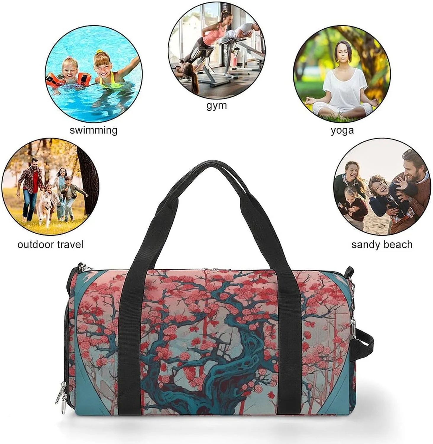 Gym Bags for Men Women Cherry Tree Pattern Duffle Bag Travel Overnight Bag with Shoe Compartment Tote Bags