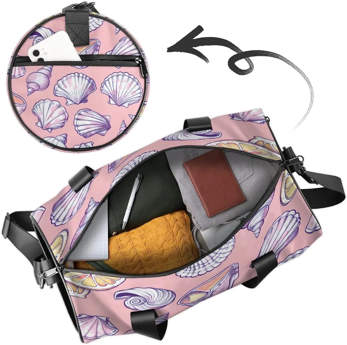 Gym Bags for Men Women Seashell Conch Sports Duffel Bags Carry On Travel Duffle Bag with Detachable Adjustable Shoulder Strap Overnight Weekender Bag