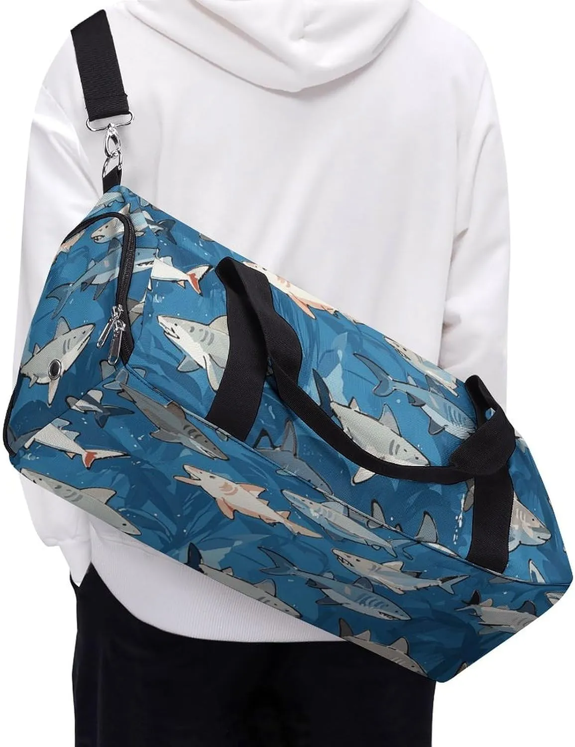Gym Bags Small Sharks Pattern Duffel Bag Overnight Bag with Shoe Compartment Carryon Bag for Men Women