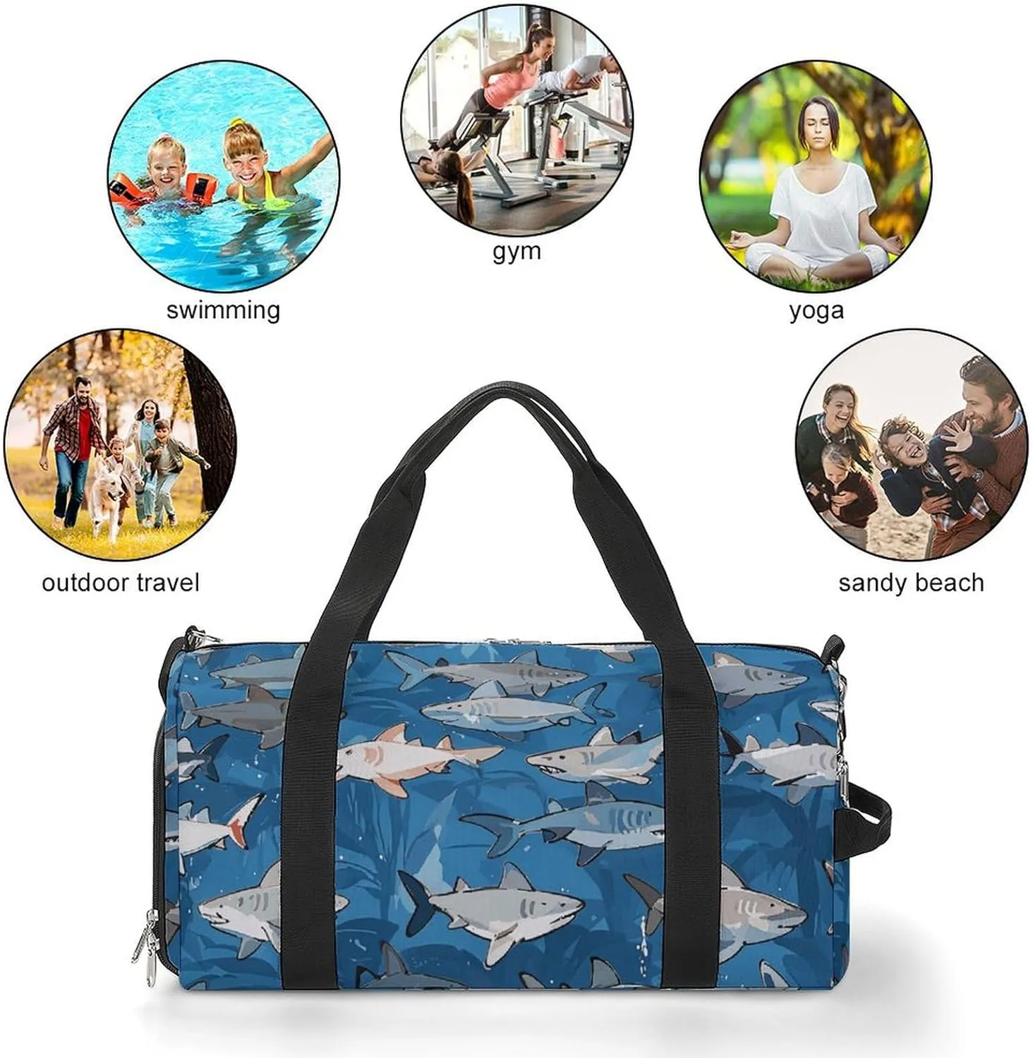 Gym Bags Small Sharks Pattern Duffel Bag Overnight Bag with Shoe Compartment Carryon Bag for Men Women