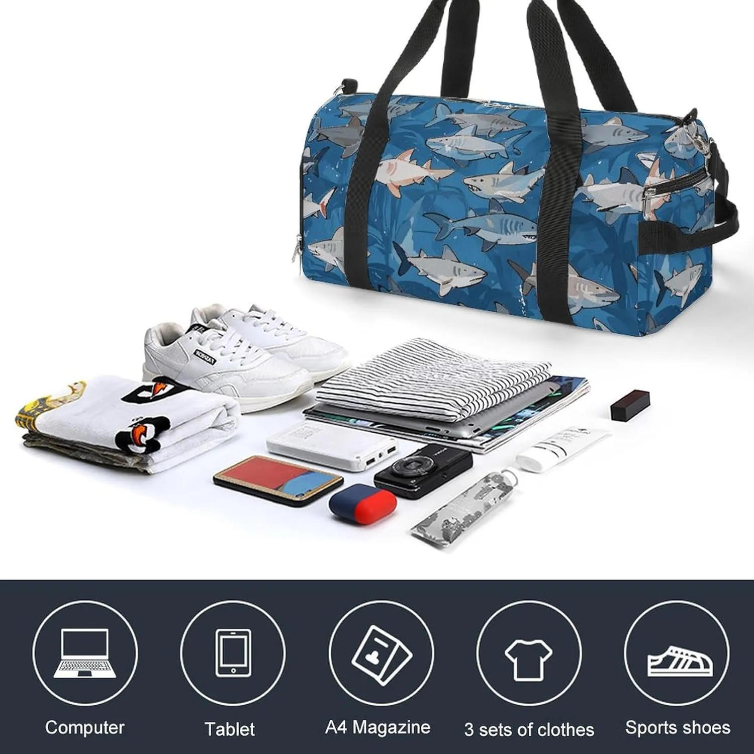Gym Bags Small Sharks Pattern Duffel Bag Overnight Bag with Shoe Compartment Carryon Bag for Men Women