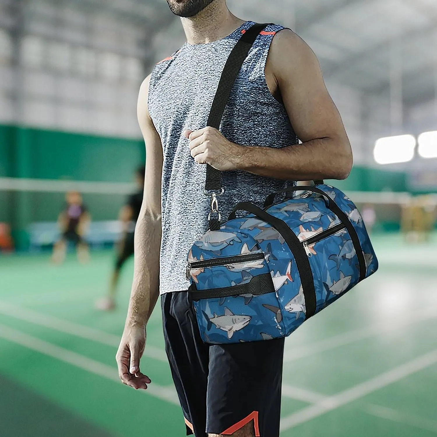 Gym Bags Small Sharks Pattern Duffel Bag Overnight Bag with Shoe Compartment Carryon Bag for Men Women
