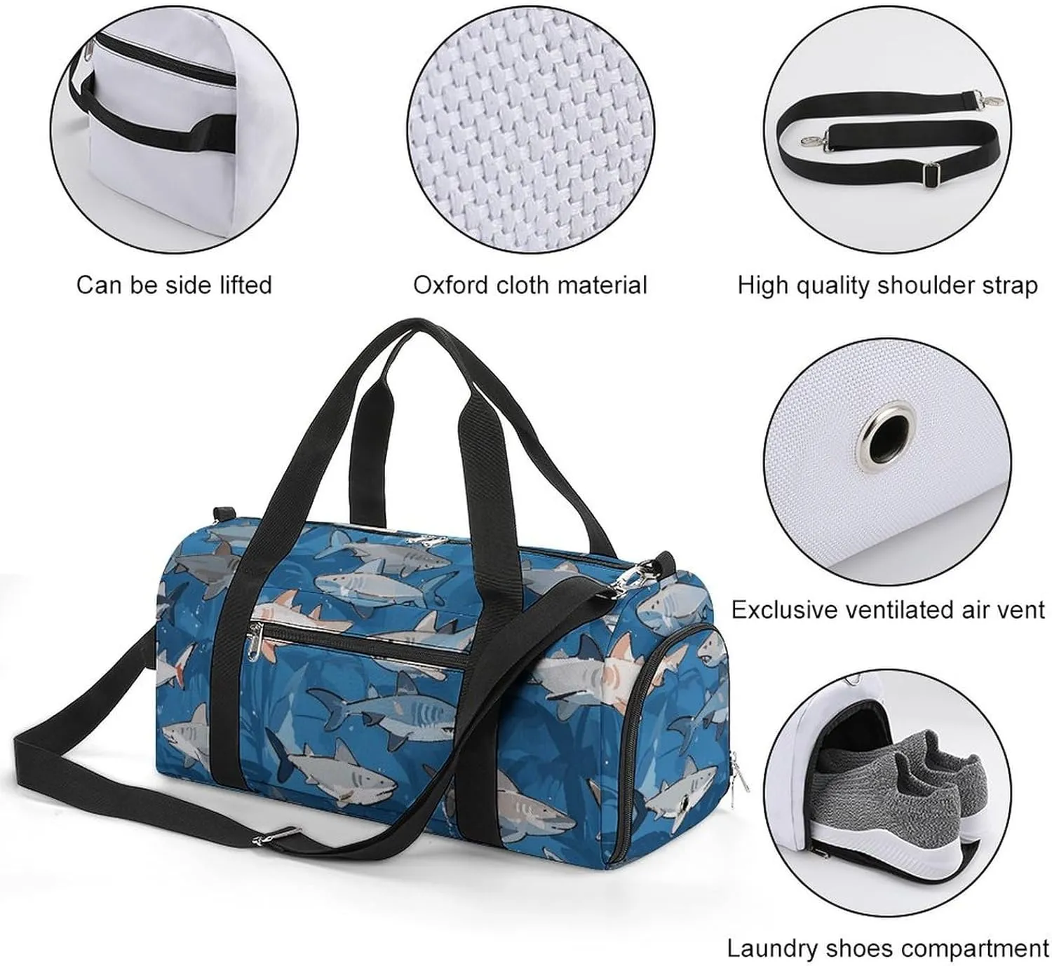 Gym Bags Small Sharks Pattern Duffel Bag Overnight Bag with Shoe Compartment Carryon Bag for Men Women