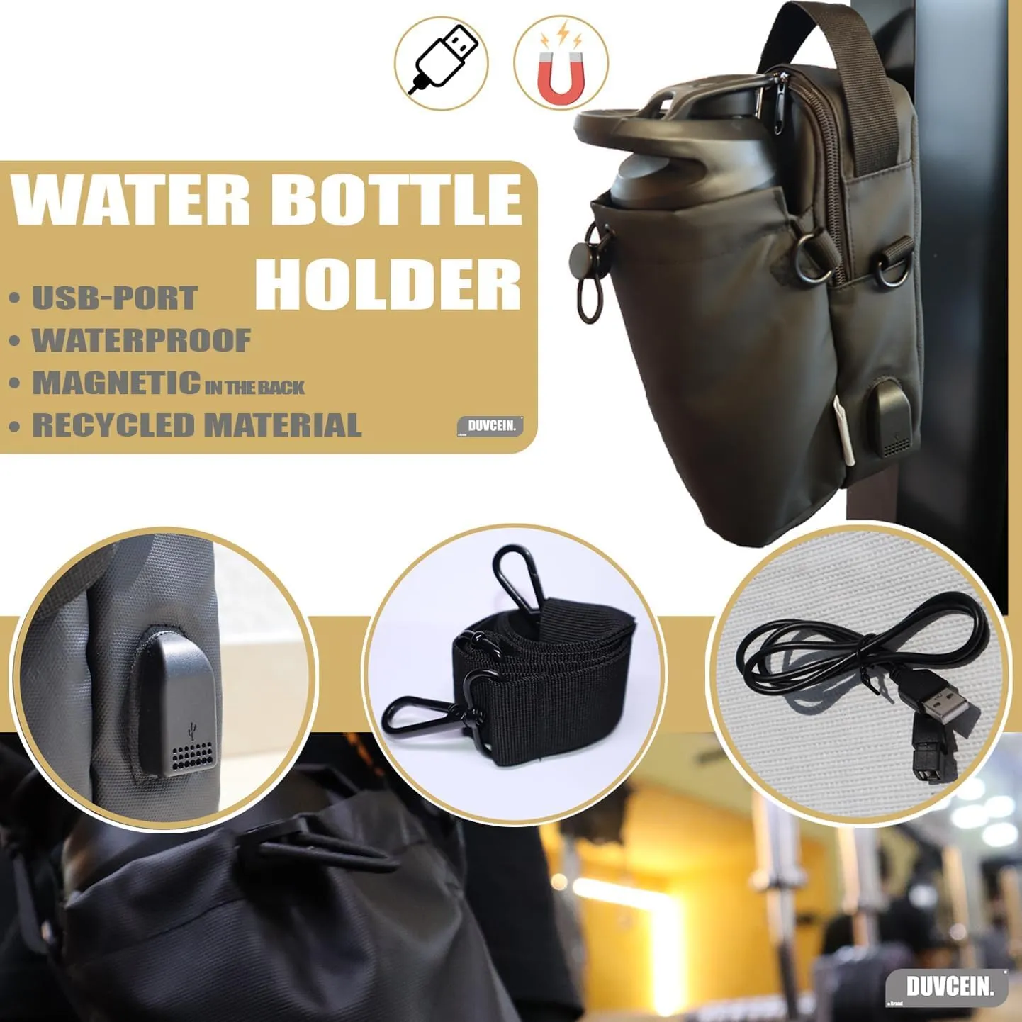 Gym Crossbody Bag for Women & Men Small Fanny Pack with Bottle Holder, Waterproof Phone Pouch, Magnetic Attach Black Duvcein