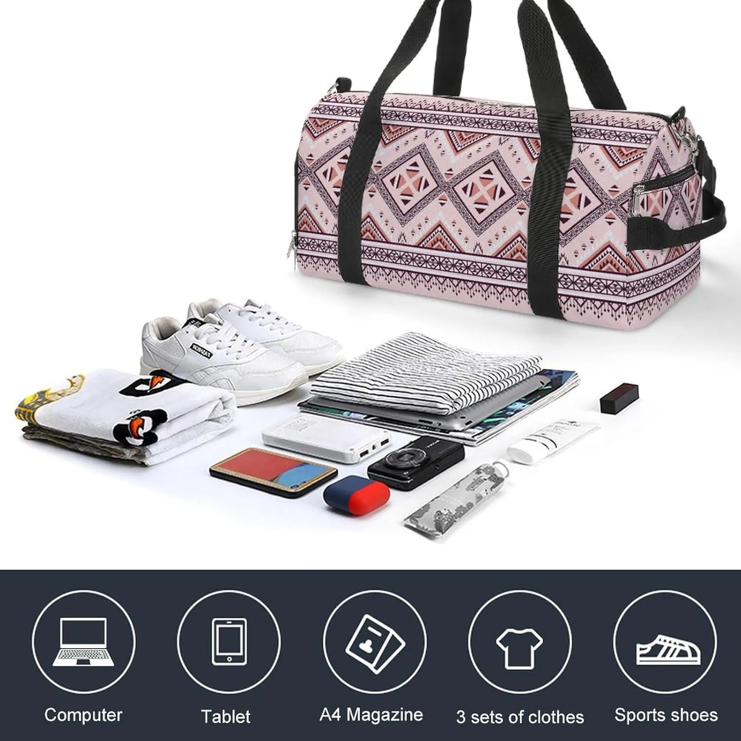 Gym Duffel Bag with Shoe Compartment Wet Pocket, Geometric Ethnic Print Travel Bag for Men Women, style-3