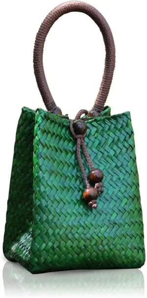 Hand-woven Mini Retro Straw Handbag Bag Summer Beach Boho Rattan Tote Travel Bag with Wood Beaded Tassel Pendant (Green)
