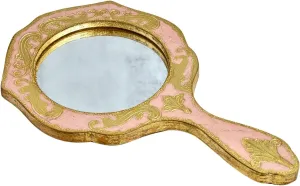 Handmade Italian Vintage Handheld Mirror, Round, Hand Painted, Embossed Gold Paint, Hand Mirror with Handle for Vanity Makeup Victorian Style Decorative Desk, Made in Italy (Pink)