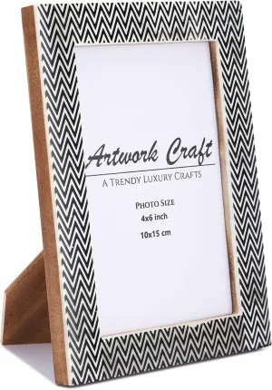 Handmade White Bone Photo Frame Geometric Black Painting Vintage Boho Picture Frames For Table-Top/Wall Decor (4x6 Inches, Chevron Black)