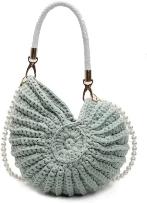 Handwoven Fashion Seashell Bag Stylish & Unique Boho Clutch with Pearl Strap Leather Handle & Premium Hardware