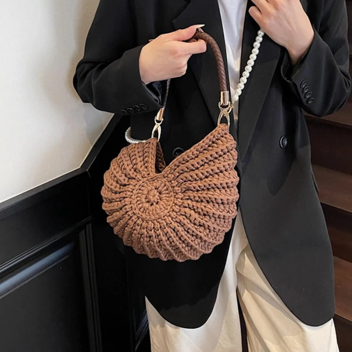 Handwoven Fashion Seashell Bag,Boho Clutch with Pearl Strap,Crochet Beach Bags with Leather Handle & Premium Hardware