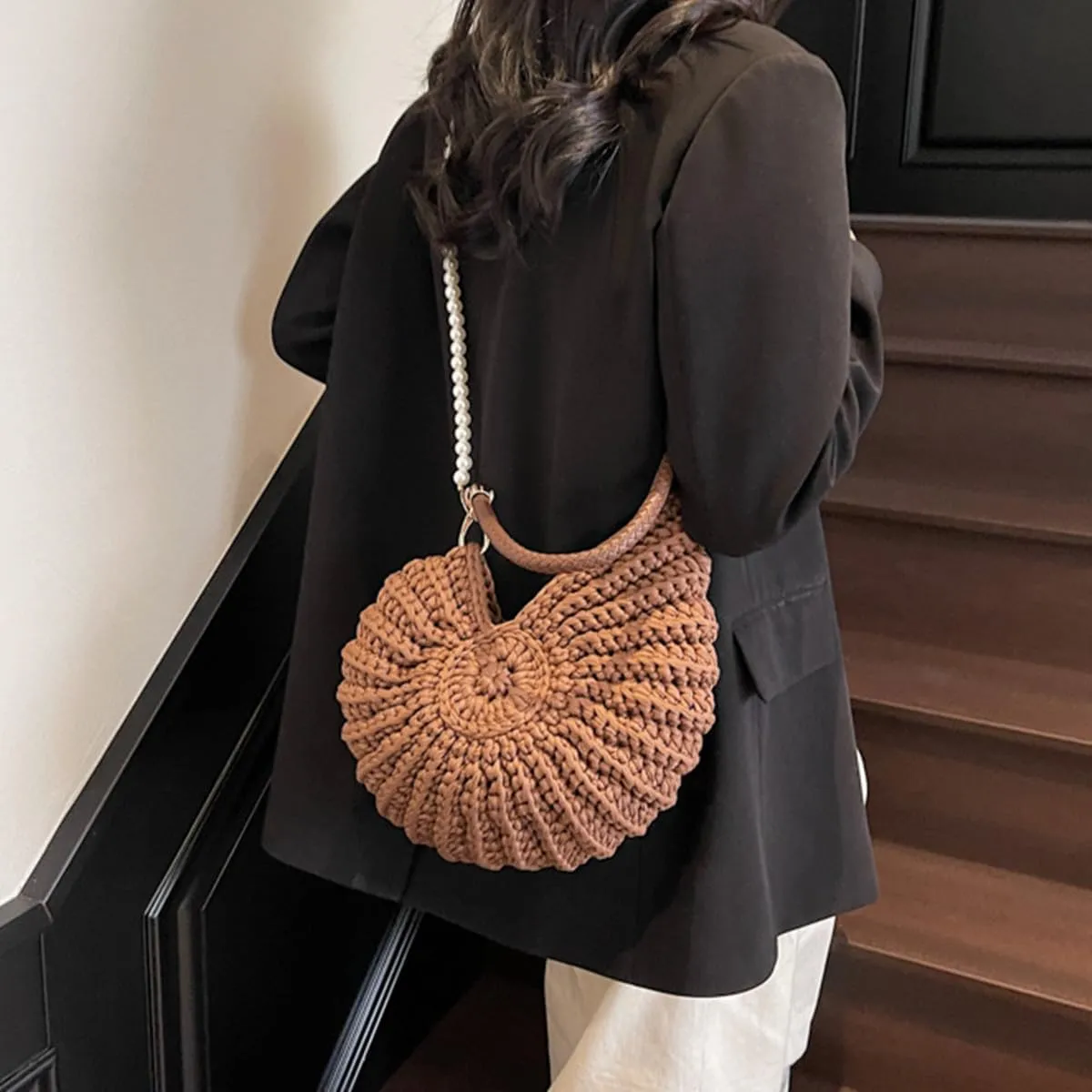 Handwoven Fashion Seashell Bag,Boho Clutch with Pearl Strap,Crochet Beach Bags with Leather Handle & Premium Hardware