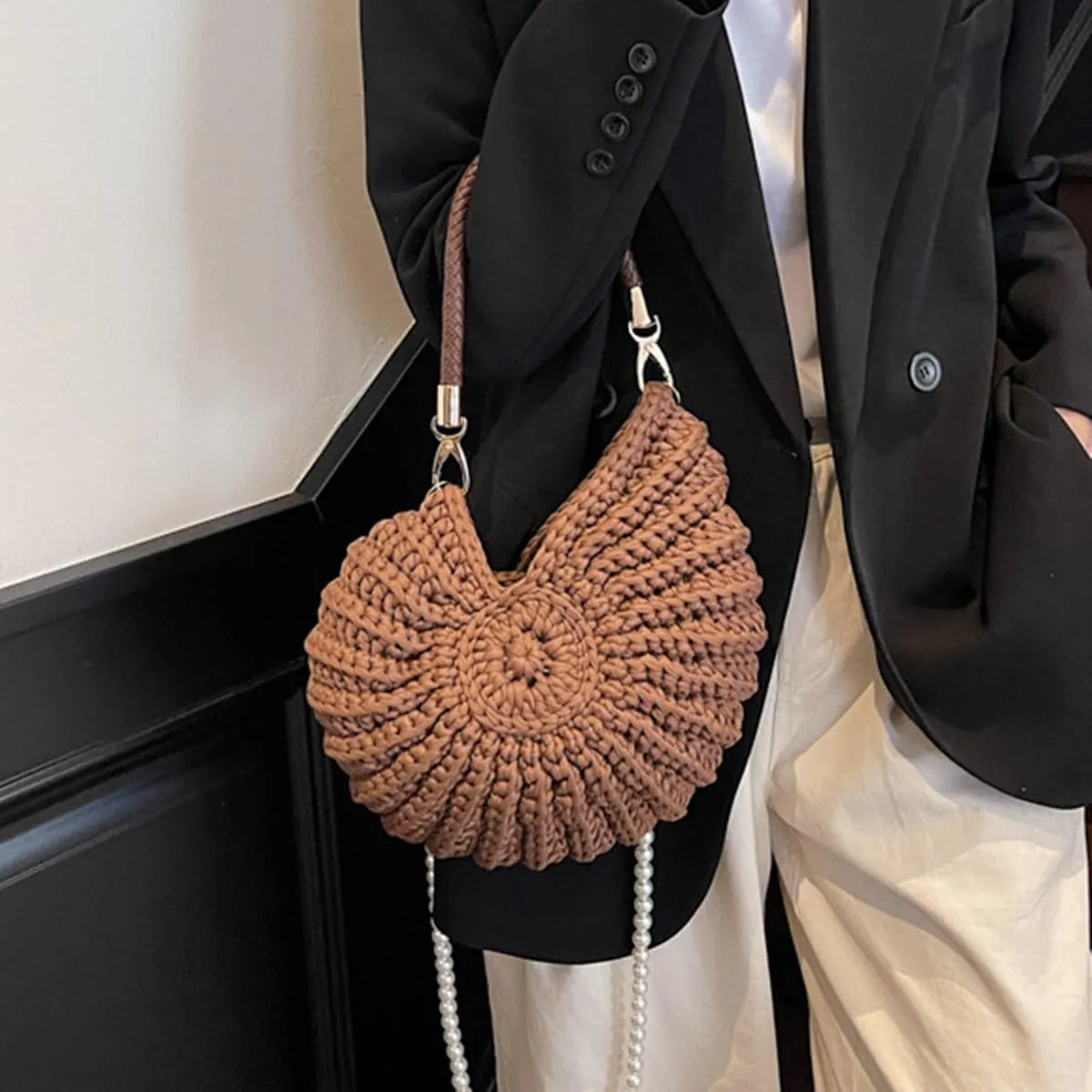 Handwoven Fashion Seashell Bag,Boho Clutch with Pearl Strap,Crochet Beach Bags with Leather Handle & Premium Hardware