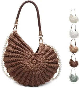 Handwoven Fashion Seashell Bag,Boho Clutch with Pearl Strap,Crochet Beach Bags with Leather Handle & Premium Hardware