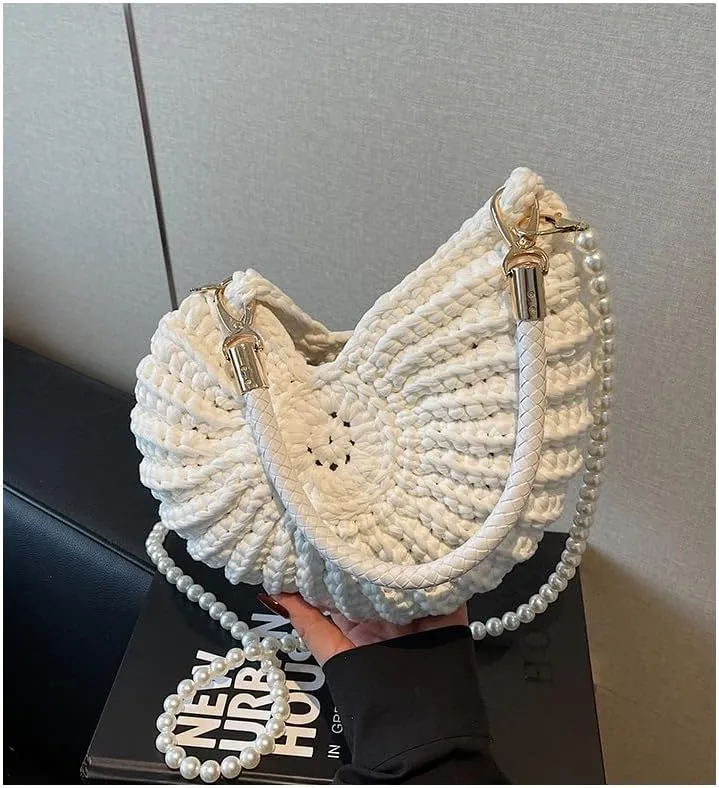 Handwoven Seashell Bag Crochet Shell Purse Summer Beach Tote Bag Pearl Clutch Purse Cute Conch Shoulder Handbag