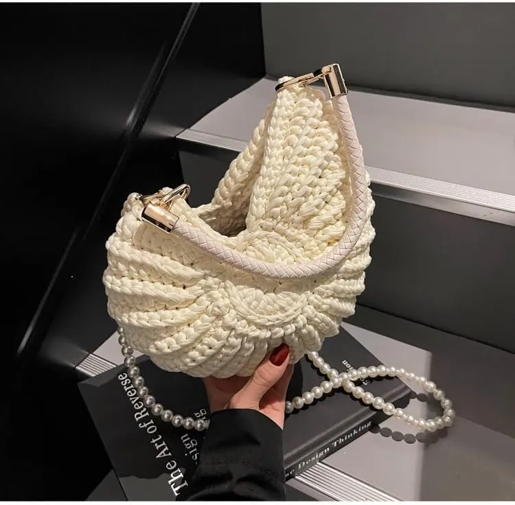 Handwoven Seashell Bag Crochet Shell Purse Summer Beach Tote Bag Pearl Clutch Purse Cute Conch Shoulder Handbag