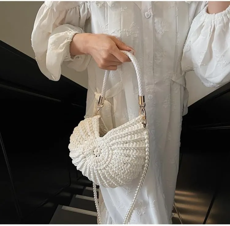 Handwoven Seashell Bag Crochet Shell Purse Summer Beach Tote Bag Pearl Clutch Purse Cute Conch Shoulder Handbag