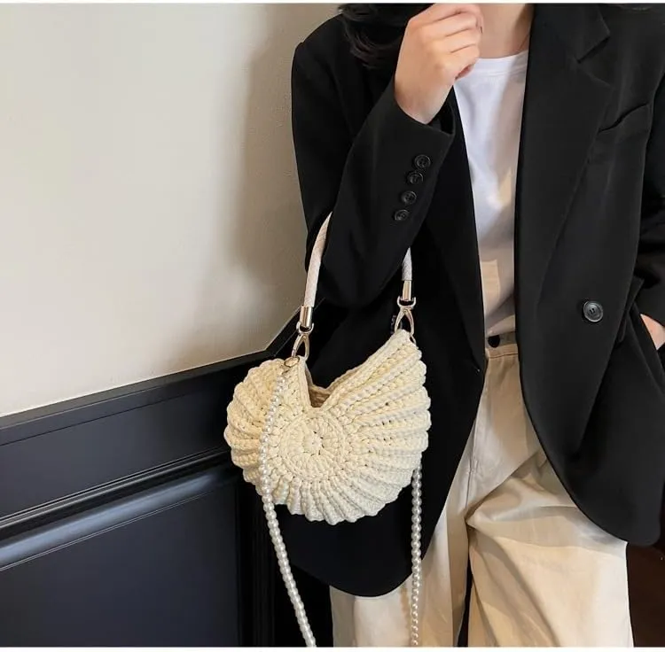 Handwoven Seashell Bag Crochet Shell Purse Summer Beach Tote Bag Pearl Clutch Purse Cute Conch Shoulder Handbag