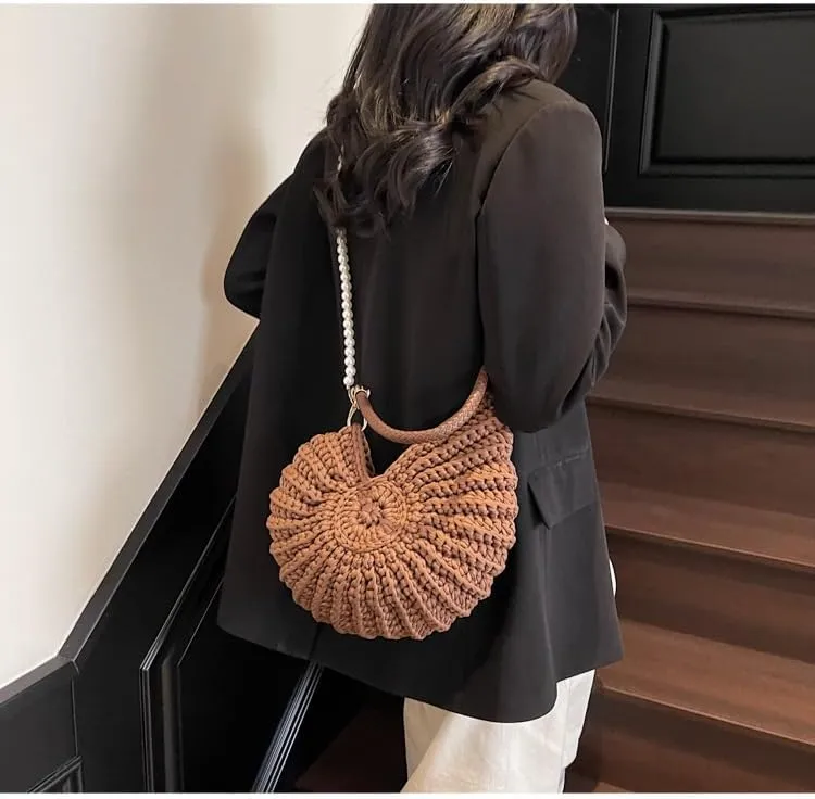 Handwoven Seashell Bag Crochet Shell Purse Summer Beach Tote Bag Pearl Clutch Purse Cute Conch Shoulder Handbag