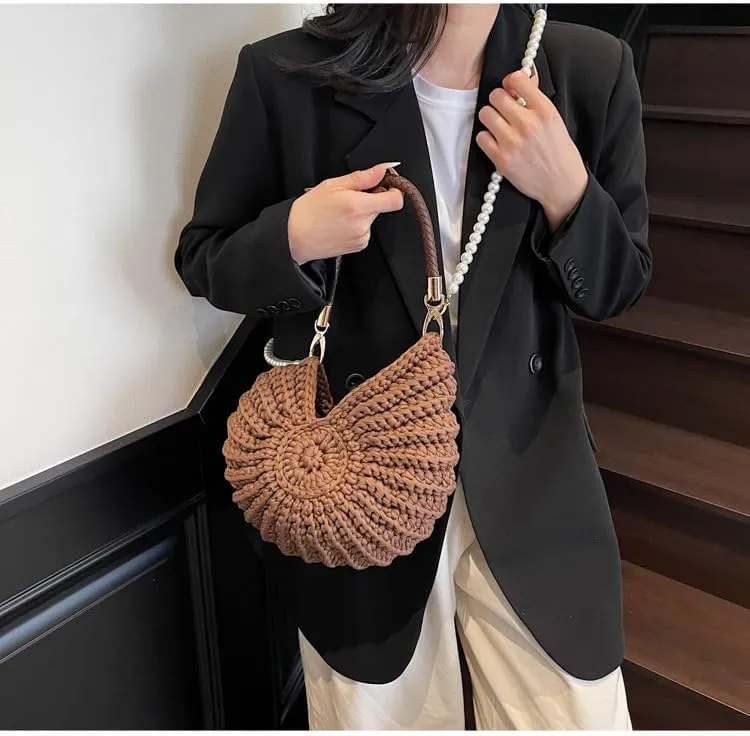 Handwoven Seashell Bag Crochet Shell Purse Summer Beach Tote Bag Pearl Clutch Purse Cute Conch Shoulder Handbag