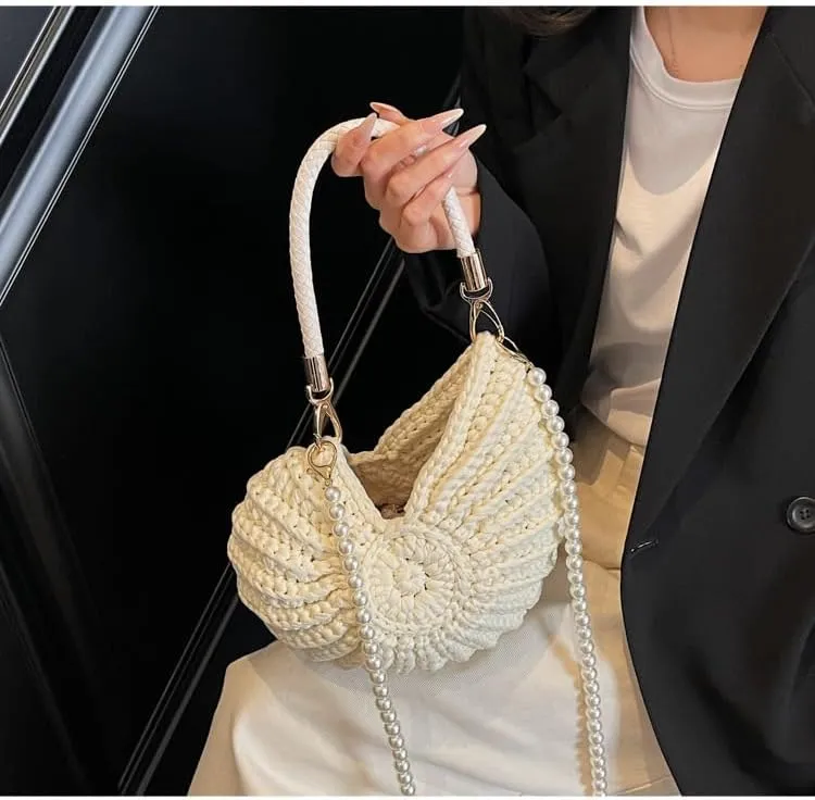 Handwoven Seashell Bag Crochet Shell Purse Summer Beach Tote Bag Pearl Clutch Purse Cute Conch Shoulder Handbag