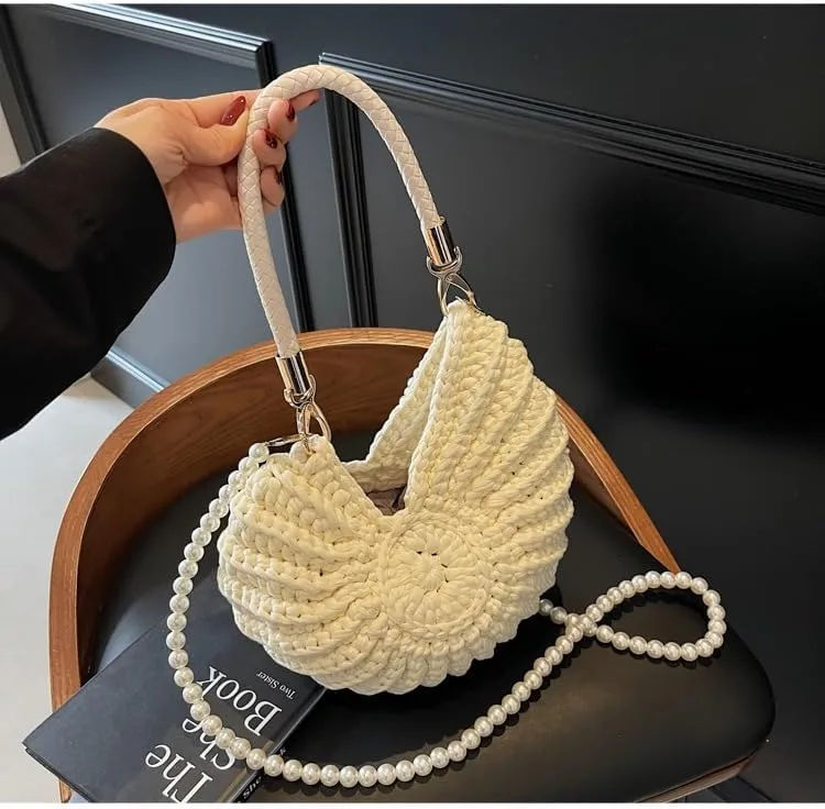 Handwoven Seashell Bag Crochet Shell Purse Summer Beach Tote Bag Pearl Clutch Purse Cute Conch Shoulder Handbag