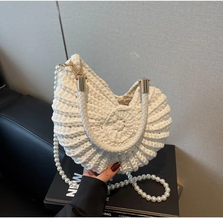 Handwoven Seashell Bag Crochet Shell Purse Summer Beach Tote Bag Pearl Clutch Purse Cute Conch Shoulder Handbag