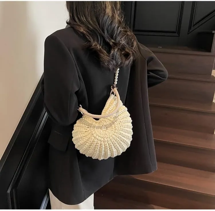 Handwoven Seashell Bag Crochet Shell Purse Summer Beach Tote Bag Pearl Clutch Purse Cute Conch Shoulder Handbag