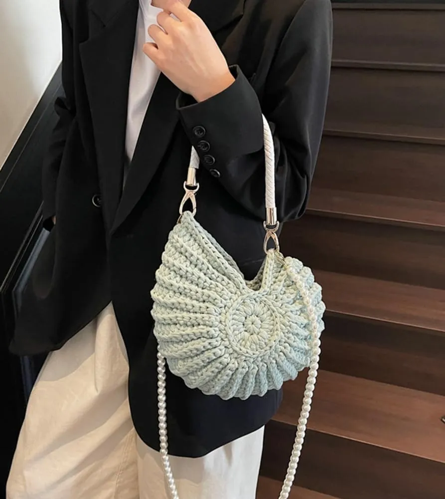 Handwoven Seashell Bag for Women Crochet Beach Bag Boho Clutch with Pearl Strap Leather Handle Unique Design 2025