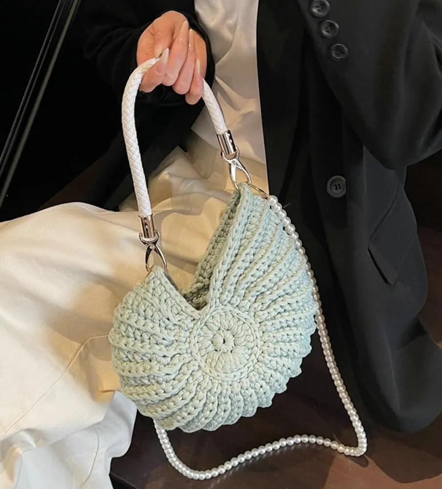 Handwoven Seashell Bag for Women Crochet Beach Bag Boho Clutch with Pearl Strap Leather Handle Unique Design 2025