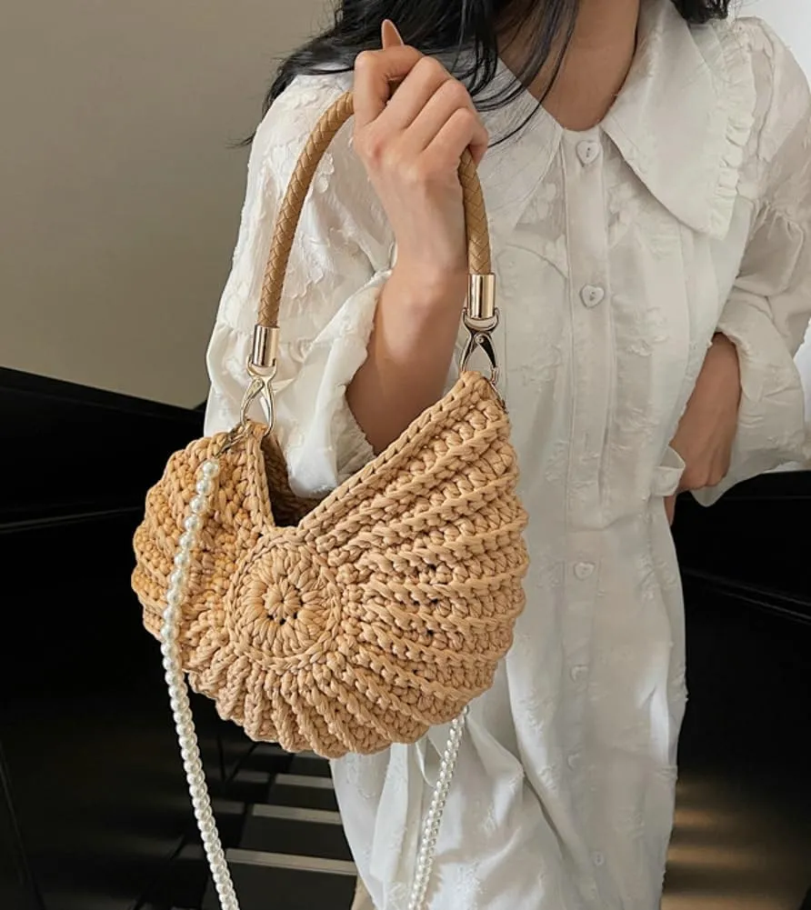 Handwoven Seashell Bag for Women Crochet Beach Bag Boho Clutch with Pearl Strap Leather Handle Unique Design 2025